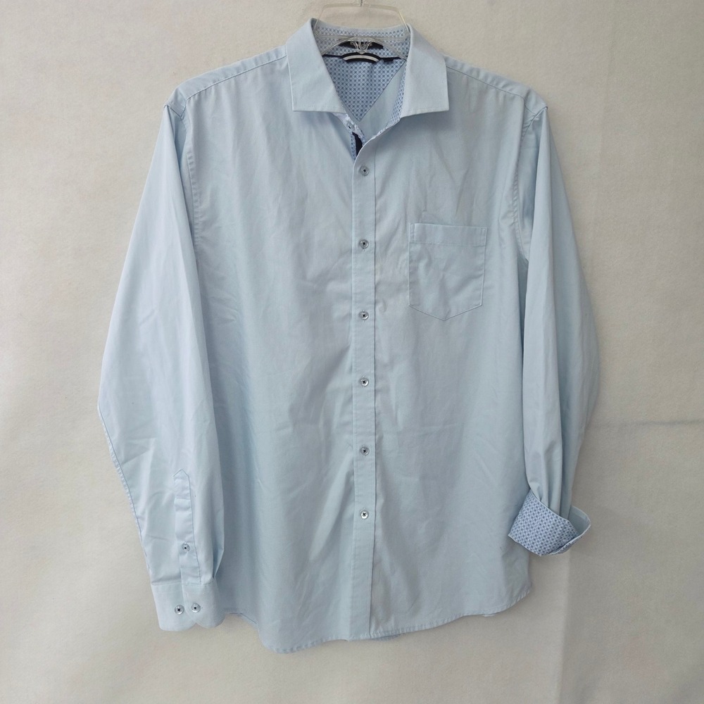 Alex Vando Shirt Mens L Light Blue Wrinkle‎ Free Stretch Bamboo Button Up Spread